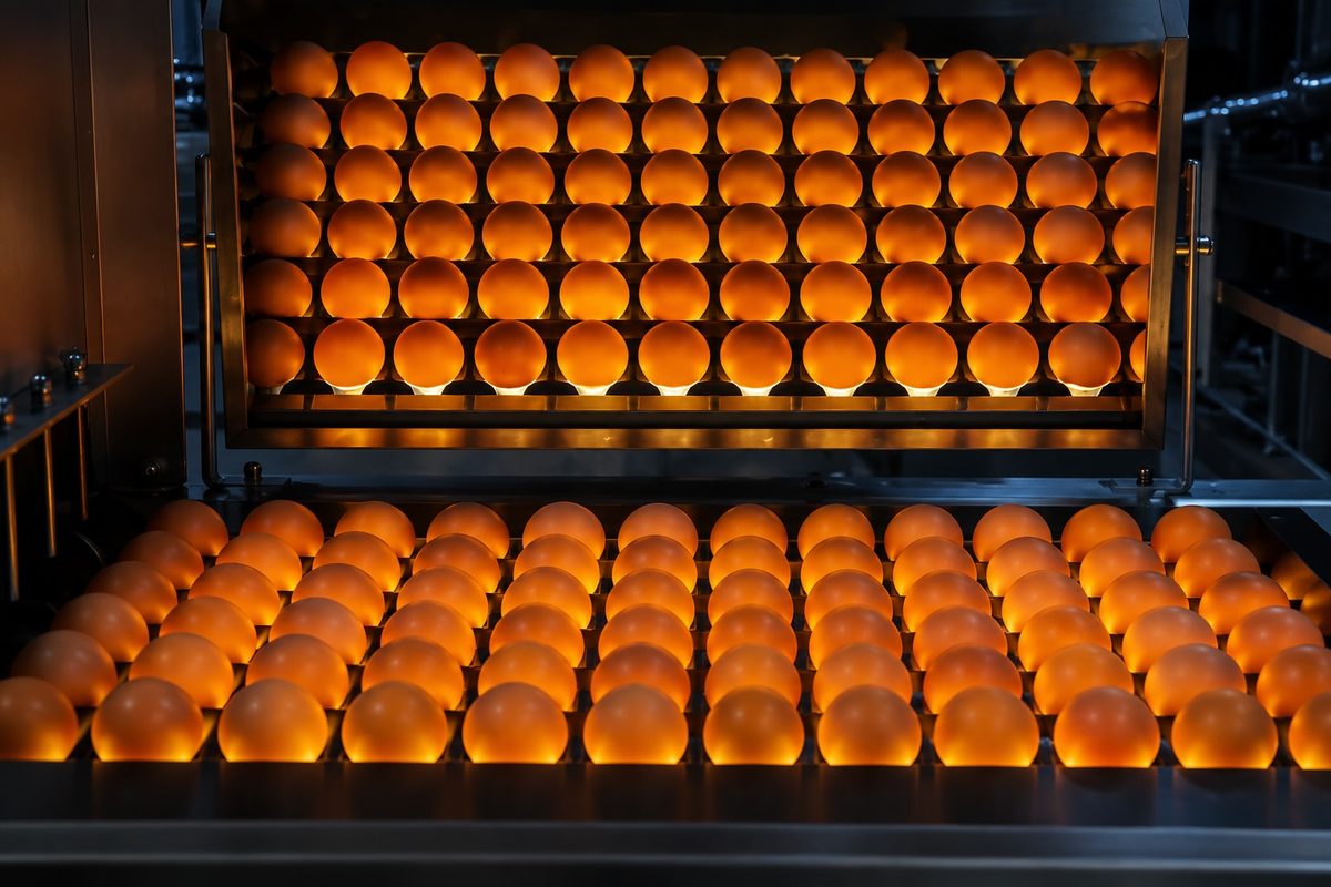 Backlit candling inspection revealing the interior quality of each egg