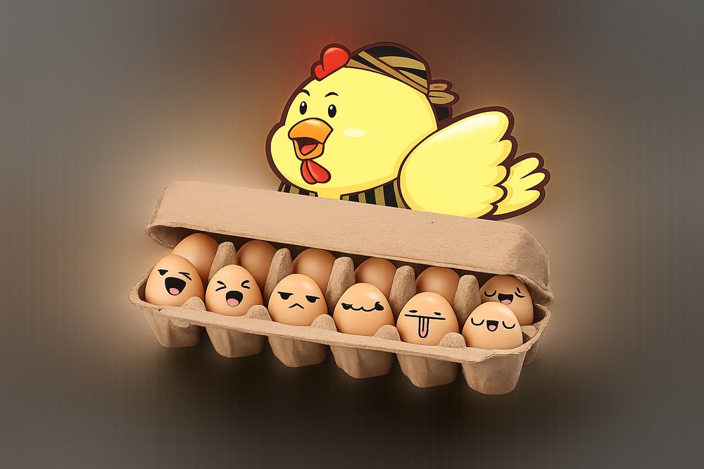 Jogja Telor mascot peeking over a carton of eggs