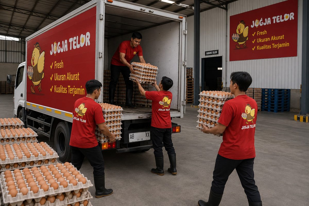 Jogja Telor staff loading crates of graded eggs onto a delivery truck at the warehouse