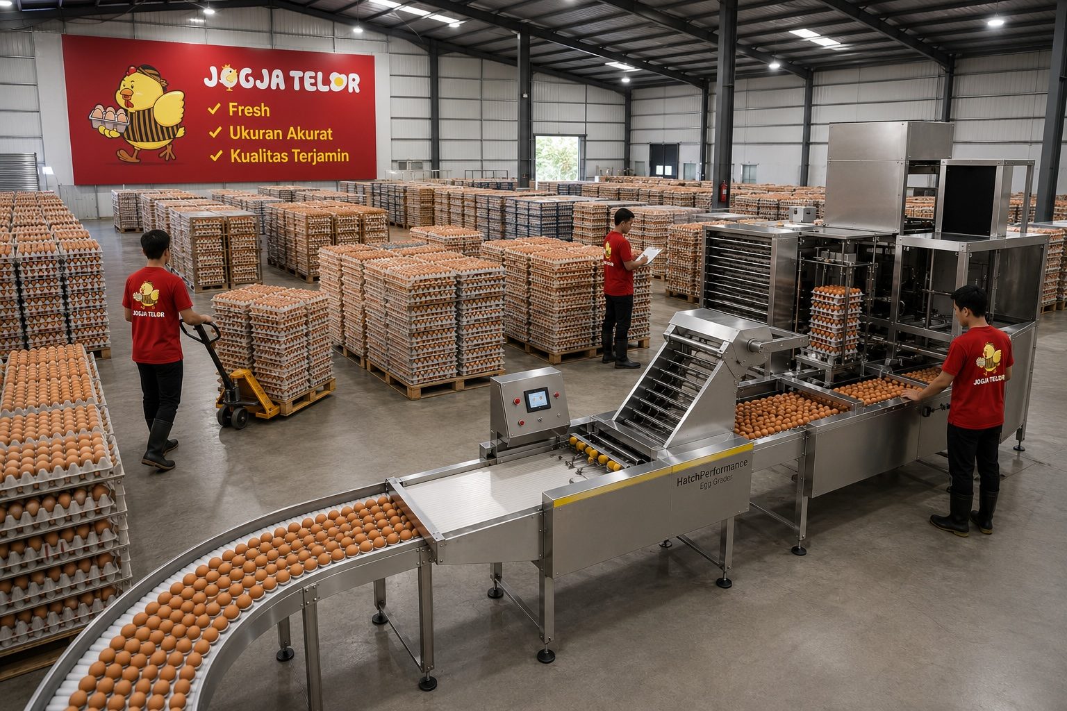 Jogja Telor warehouse floor stacked with graded egg trays